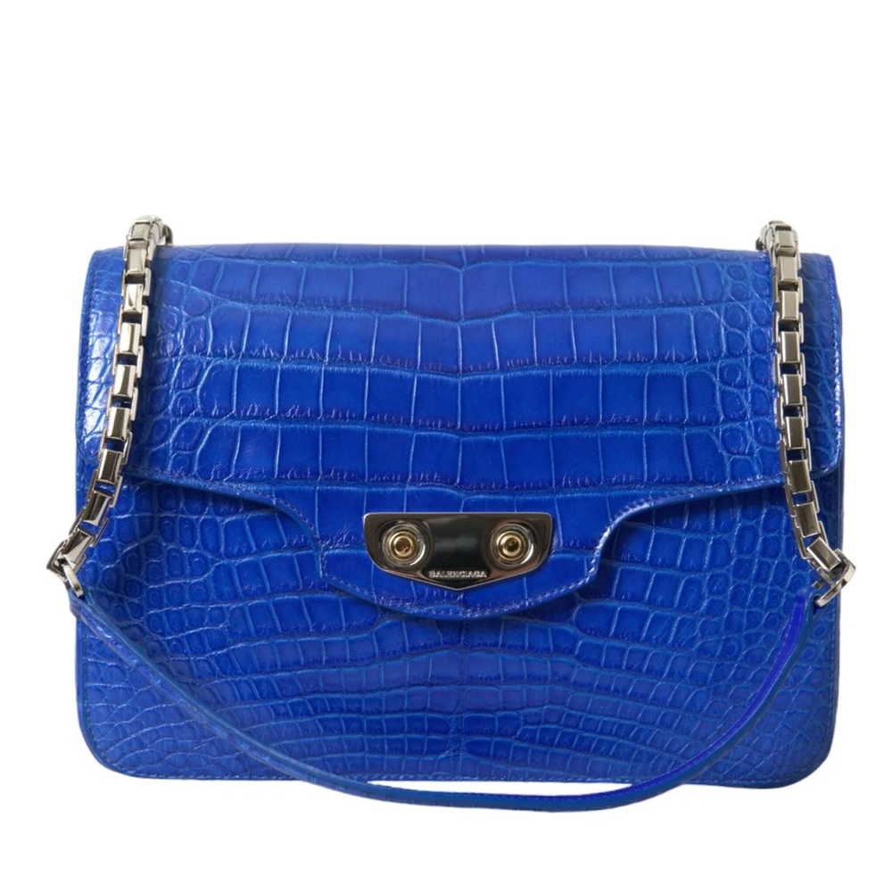 Balenciaga Blue Croc-Embossed Shoulder Bag